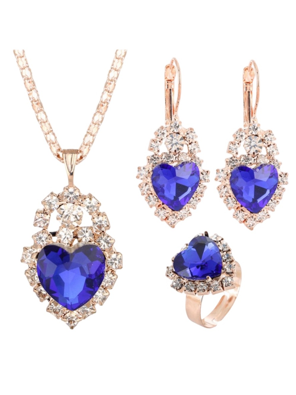 Rose Gold Heart Jewelry Set with Deep Blue Crystal Accentsu FINAL PRICE DROP